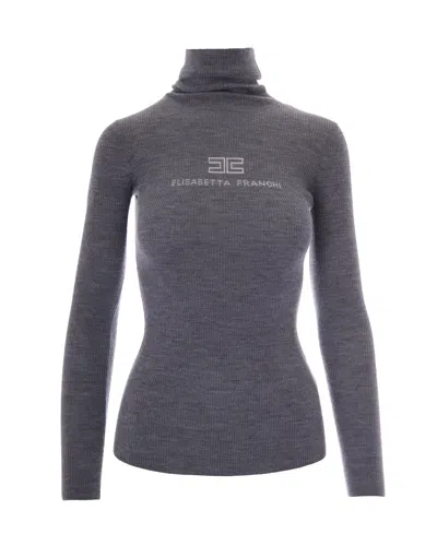 Elisabetta Franchi Ribbed Wool Turtleneck Sweater In Gray
