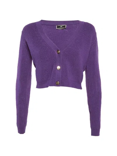 Pre-owned Elisabetta Franchi Ribbed-knit Cropped Cardigan In Purple