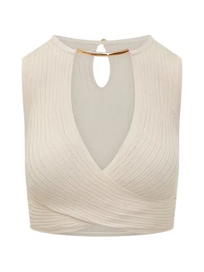 Elisabetta Franchi Ribbed-knit Crossover Blouse In Neutral