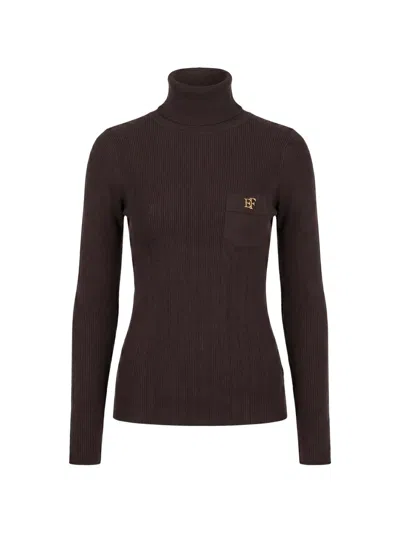 Elisabetta Franchi Ribbed-knit Logo Turtleneck Sweater In Brown