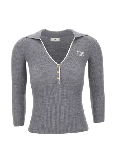 Elisabetta Franchi Ribbed-knit Logo-embroidered Polo Shirt In Gray