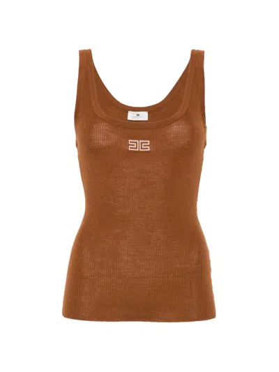 Elisabetta Franchi Ribbed-knit Logo-embroidered Tank Top In Brown