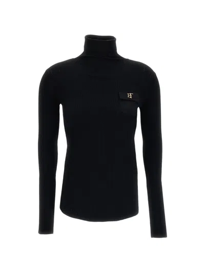 Elisabetta Franchi Ribbed-knit Logo-plaque Sweater In Black