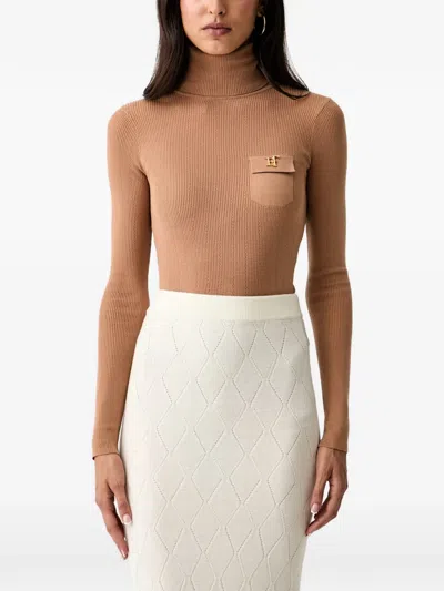 Elisabetta Franchi Ribbed-knit Logo-plaque Sweater In Neutrals