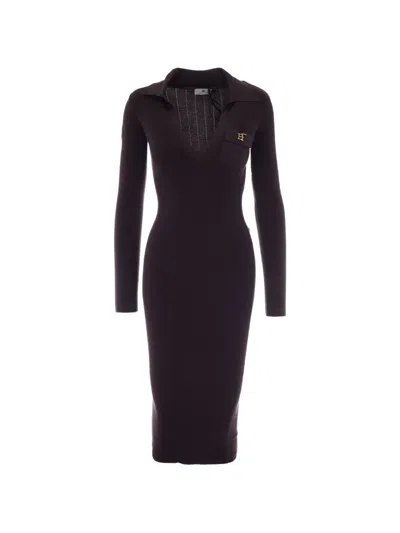 Elisabetta Franchi Long Knit Dress With Polo Collar And Embroidered Details In Black