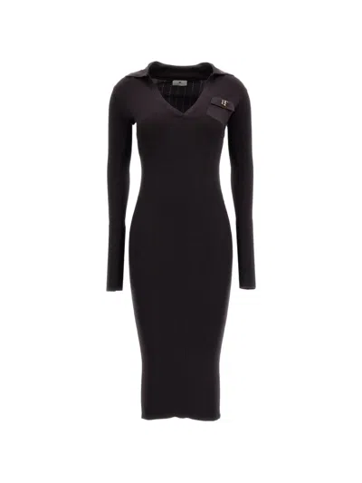 Elisabetta Franchi Ribbed Stretch Knit Midi Dress With Pointed Collar And Gold-tone Logo In Brown