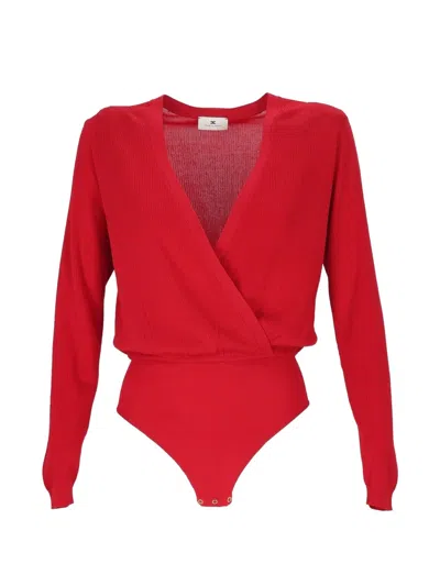 Elisabetta Franchi Ribbed-knit Wrap-front Bodysuit In Red