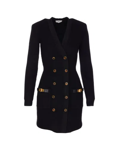 Elisabetta Franchi Textured Knit Black Midi Dress With Double-breasted Design