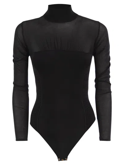 Elisabetta Franchi Roll-neck Bodysuit With Sheer Inserts In Black