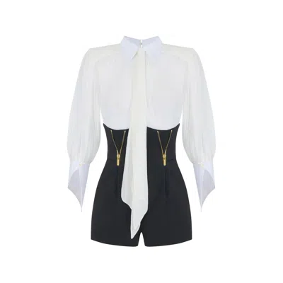 Elisabetta Franchi Romper Suit In Georgette And Technical Fabric In White/black