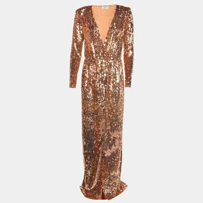 Elisabetta Franchi Rose Gold Sequin Embellished Wrap Maxi Dress