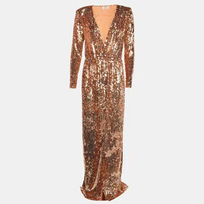 Pre-owned Elisabetta Franchi Rose Gold Sequin Embellished Wrap Maxi Dress M