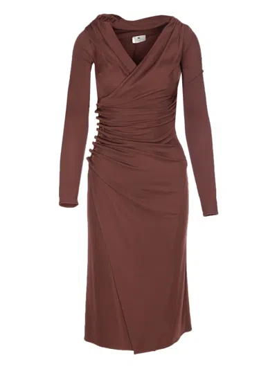 Elisabetta Franchi Ruched-detailed Midi Dress In Brown