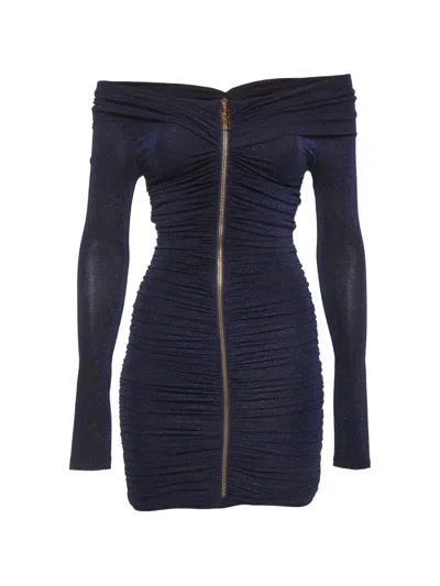 Pre-owned Elisabetta Franchi Ruched Metallic-knit Mini Dress In Blue