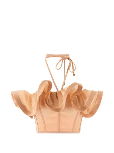 Elisabetta Franchi Halterneck Cropped Top Sheer Ruffle Detailing In Pink