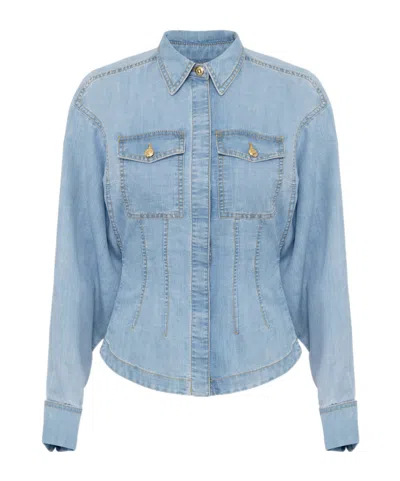 Elisabetta Franchi Ruffled Denim Shirt In Blue