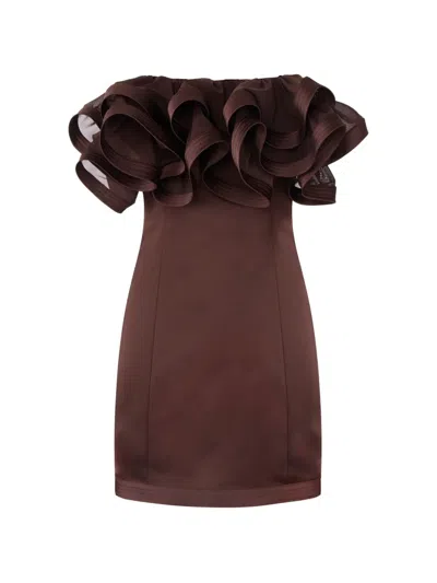 Elisabetta Franchi Mini Dress In Duchess Satin With Maxi Ruffles In Burgundy