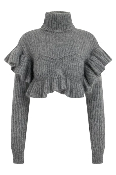 Elisabetta Franchi Ruffled High-neck Mini Mohair Wool-blend Sweater In Animal Print