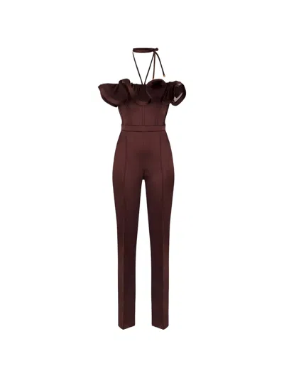 Elisabetta Franchi Ruffled Off-shoulder Jumpsuit In Burgundy