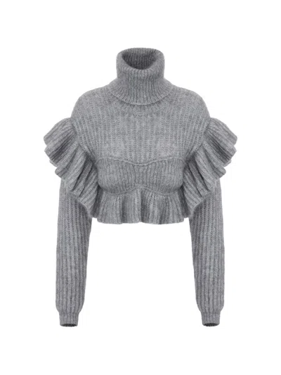 Elisabetta Franchi Ruffled Turtleneck Wool Blend Sweater In Gray