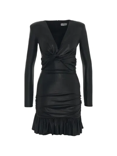 Elisabetta Franchi Faux Leather Mini Dress With Twisted Knot Detail In Black