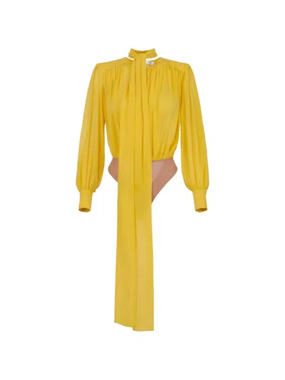 Elisabetta Franchi Sash Balloon-sleeve Bodysuit In Yellow
