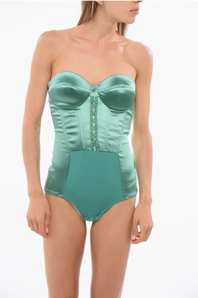 Elisabetta Franchi Satin Bodysuit With Front Lace-up Detail In Green