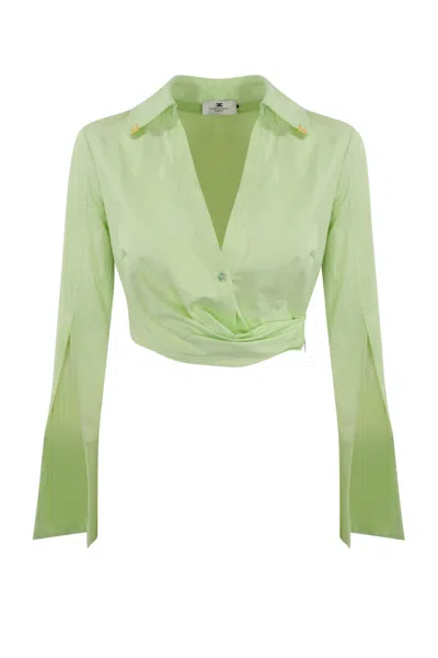 Elisabetta Franchi Satin Crop Shirt With Draping In Green