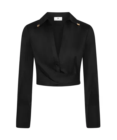 Elisabetta Franchi Satin Cropped Blouse With Draping In Black