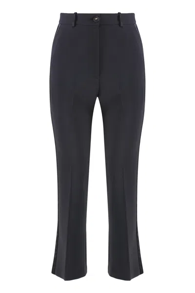 Elisabetta Franchi Satin Cropped Flared Trousers With Side Slit Hem In Blue