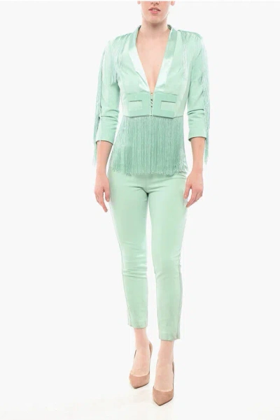Elisabetta Franchi Satin Detailed Tuxedo Jumpsuit With Fringes In Green