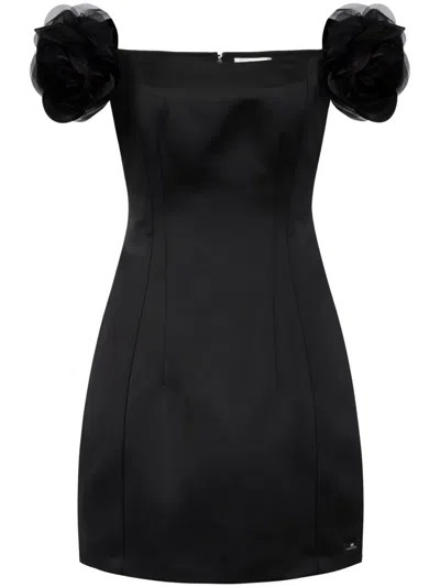 Elisabetta Franchi Flower Applique Off-shoulder Mini Satin Dress In Black