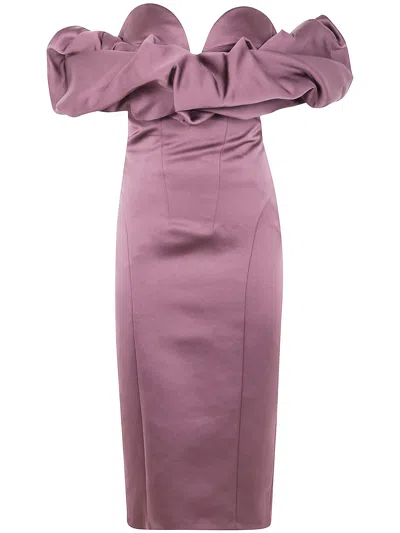 Elisabetta Franchi Off-shoulder Puff-sleeve Dress In Purple