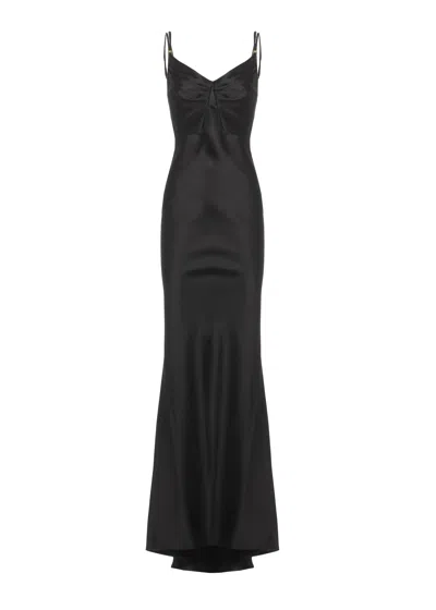 Elisabetta Franchi Satin Evening Dress With Sweetheart Neckline And Flared Hem In Black