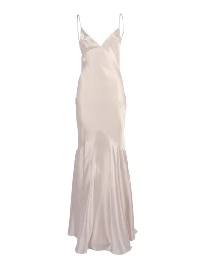 Elisabetta Franchi Satin Fitted Flared Midi Dress In Neutral