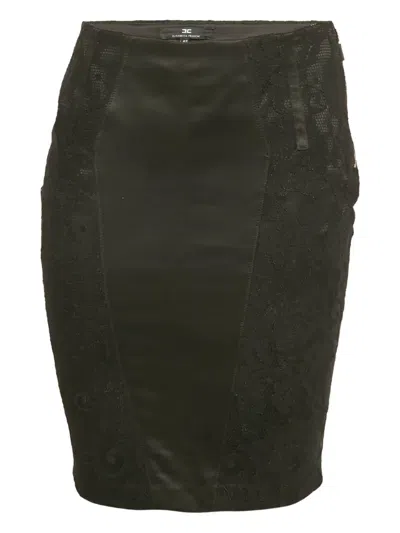 Pre-owned Elisabetta Franchi Satin Lace Pencil Skirt In Black
