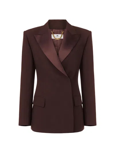 Elisabetta Franchi Satin Lapels Double-breasted Jacket In Brown