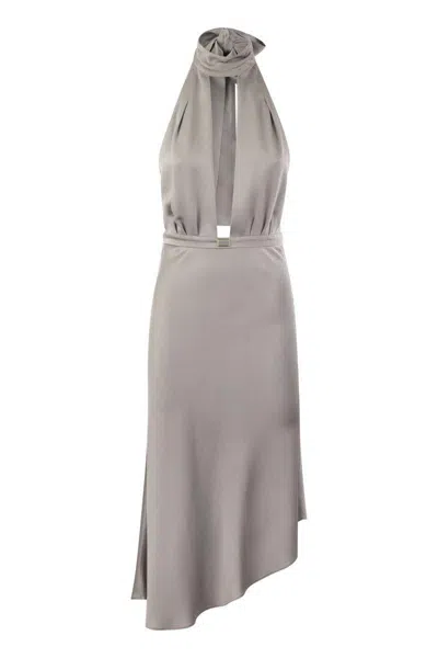Elisabetta Franchi Satin Midi Dress With Asymmetric Skirt In Silver