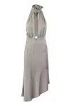 Elisabetta Franchi Satin Midi Dress With Asymmetric Skirt In Gray
