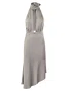Elisabetta Franchi Satin Midi Dress With Asymmetric Skirt In Gray