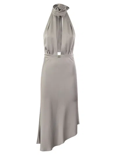 ELISABETTA FRANCHI SATIN MIDI DRESS WITH ASYMMETRIC SKIRT