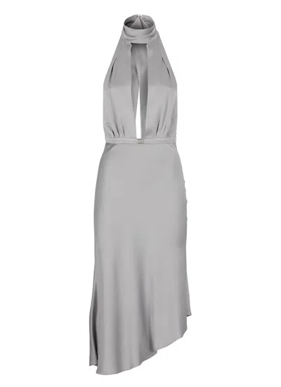 ELISABETTA FRANCHI SATIN MIDI DRESS WITH ASYMMETRIC SKIRT