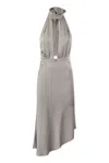Elisabetta Franchi Satin Midi Dress With Asymmetric Skirt In Silver