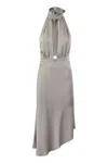 Elisabetta Franchi Satin Midi Dress With Asymmetric Skirt In Silver