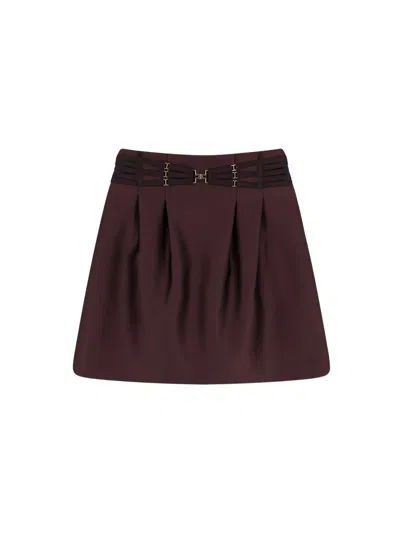 Elisabetta Franchi Satin Mini Skirt High Waist Pleats Straps In Burgundy