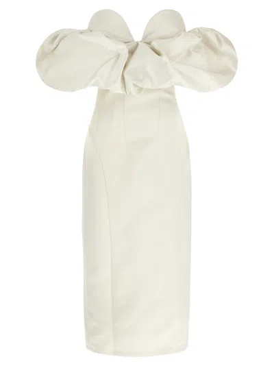 Elisabetta Franchi Satin Off-the-shoulder Sheath Dress With Corset Detail In White