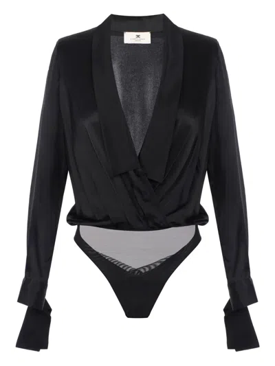 Elisabetta Franchi Satin Wrap Bodysuit In Black