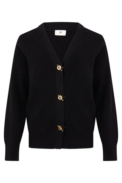 Elisabetta Franchi Sculpted Shawl-collar Cardigan Knit With Five Metallic Hook Closures In Black