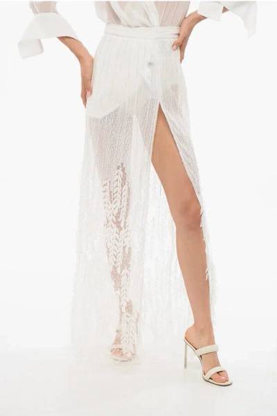 Elisabetta Franchi See Through Sequined Skirt With Embossed Details In White