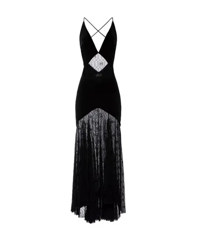 Elisabetta Franchi Semi-sheer Tulle Long Dress In Black
